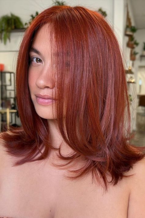 Wispy Layers, Collarbone Length Hair, Textured Curly Hair, Hair Color Burgundy, Ginger Hair Color, Burgundy Hair, Copper Red, Auburn Hair, Red Hair Color