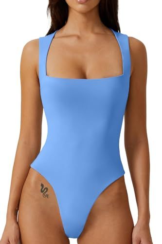 Figure Sculpting, High Cut Bodysuit, Blue Bodysuit, Body Suits, Bodysuit Designs, Flare Jumpsuit, Square Neck Bodysuit, Long Sleeve And Shorts, Bodysuit Top