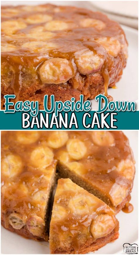 BANANA UPSIDE DOWN CAKE - Butter with a Side of Bread Upside Banana Cake, Up Side Down Banana Cake, Uses For Old Bananas Recipes, Banana Bread Upside Down Cake, Fun Banana Recipes, Banana Deserts Easy, Cakes With Bananas, Banana Upside Down Cake With Box Cake, Banana Upside Down Bundt Cake