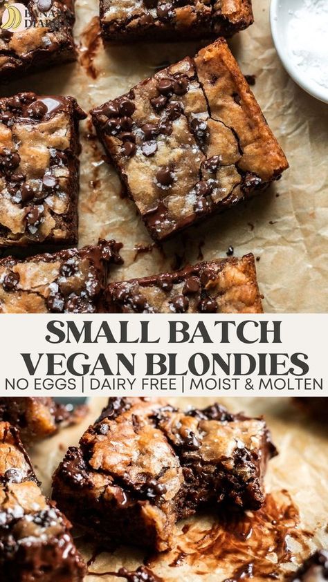 These molten, chewy brown butter vegan blondies are loaded with chocolate chunks and make just 8 perfect blondies- all ready in under 30 minutes! Like a cookie meets brownie, but better- and no hand mixer required! Healthy Blondie Brownies, Peanut Butter Vegan Recipes, Vegan Squares And Bars Recipes, Brownie Recipes Vegan, Vegan Baking Healthy, Vegan Blondies Recipe, Healthy Vegan Dessert Recipes, Vegan Brookies, No Bake Vegan Dessert