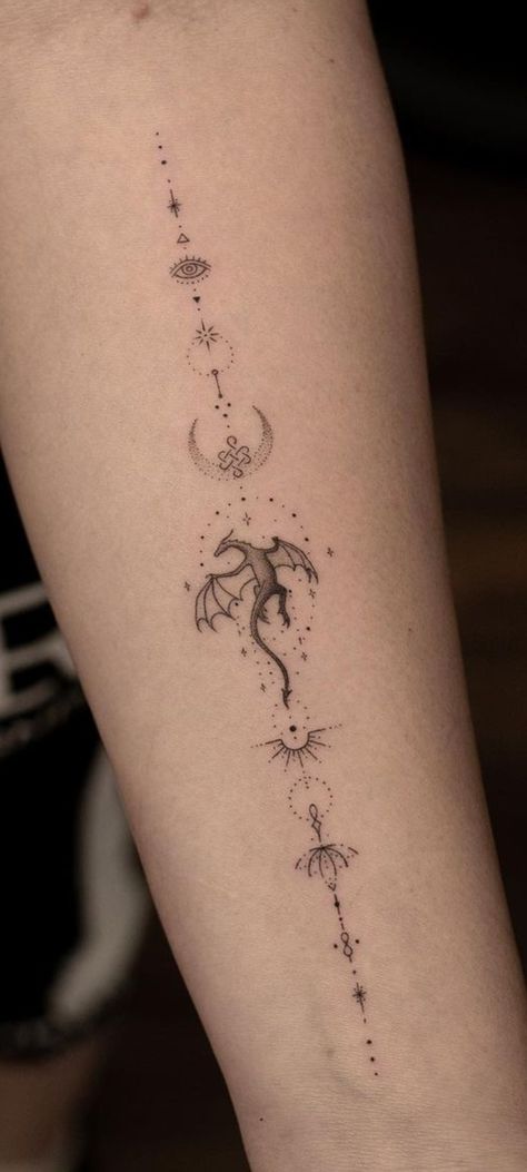 Boho Dragon Tattoo, Cute Celtic Tattoos, Dainty Fantasy Tattoos, Fine Line Tattoo Ideas For Women Thigh, Dragon And Moon Tattoo For Women, Fae Symbols Tattoo Ideas, Forearm Moon Tattoo Women, Dragon Spine Tattoo For Women Dainty, Minimalistic Fairy Tattoo