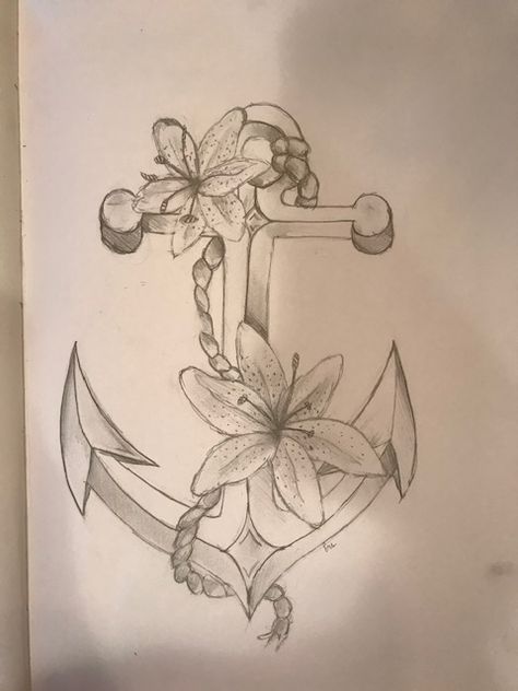 Anchor And Lily Tattoo, Anchor Drawing With Flowers, Anchor With Flowers Tattoo, Us Navy Tattoos, Anchor With Flowers, Year Tattoos, Anchor Flower Tattoo, Anchor Drawing, Stargazer Lily Tattoo