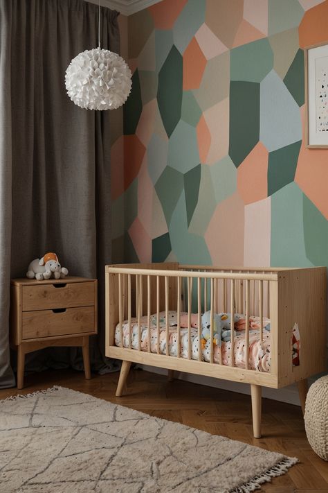 Transform your baby's space into a chic haven with a modern nursery design. Incorporate playful geometric shapes and soothing pastel colors for a perfect blend of style and comfort. Ideal for stimulating young minds while keeping the environment calm and inviting. #ModernNursery #GeometricDesign #SoftPastels #NurseryDecor #ChicBabyRoom #PlayfulShapes #BabyDecor #StylishNursery #PastelNursery Geometric Wall Paint Kids, Modern Nursery Design, Geometric Wall Paint, Pastel Nursery, Stylish Nursery, Theme Nursery, Green Room, Green Rooms, Modern Nursery