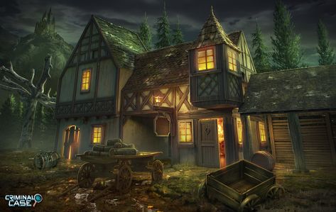 Hey here is Another background i did for Criminal Case. I made the sketch, 3dbase and the painover. I used Maya, 3dsmax zbrush and Rendered in Corona. Cheers ! Tavern Exterior, Dnd Tavern, Conan Exiles, Building Art, Fantasy Setting, Impressionism Art, Fantasy Rpg, Medieval Fantasy, Pen And Paper