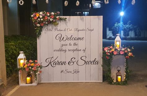 Name Board For Wedding Entrance, Simple Engagement Decorations, Christian Reception, Name Board Design, Standee Design, Engagement Decor, Garland Wedding Decor, Wedding Welcome Board, Anniversary Decor