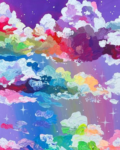 Trippy Clouds Painting, Painting Rainbows On Canvas, Rainbow Clouds Painting, Pride Painting Ideas On Canvas, Rainbow Art Aesthetic, Rainbow Flower Painting, Rain Cloud Art, Rainbow Painting Ideas, Trippy Clouds