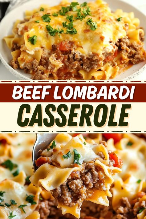 Indulge in some comfort food with this hearty Beef Lombardi casserole! With ground beef, egg noodles, tomato sauce, and cheese, it's just too good. Beef Lombardi, Beef With Onions, Italian Beef Recipes, Beef Noodle Casserole, Easy Meat Recipes, Beef Pasta, Beef Casserole Recipes, Pasta Casserole, Best Italian Recipes