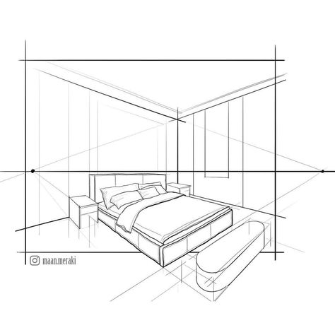 One Point Perspective Drawing Bedroom, Bedroom Perspective, Room Perspective, Sketch Perspective, Perspective Room, Room Sketch, View Sketch, Interior Architecture Sketch, Furniture Drawing