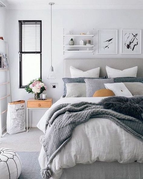 white grey and wood colors in bedroom Scandinavian Design Bedroom, Neutral Bedrooms, Modern Farmhouse Bedroom, Decor Ikea, Simple Bedroom, Grey Bedding, Awesome Bedrooms, Remodel Bedroom, Master Bedrooms Decor