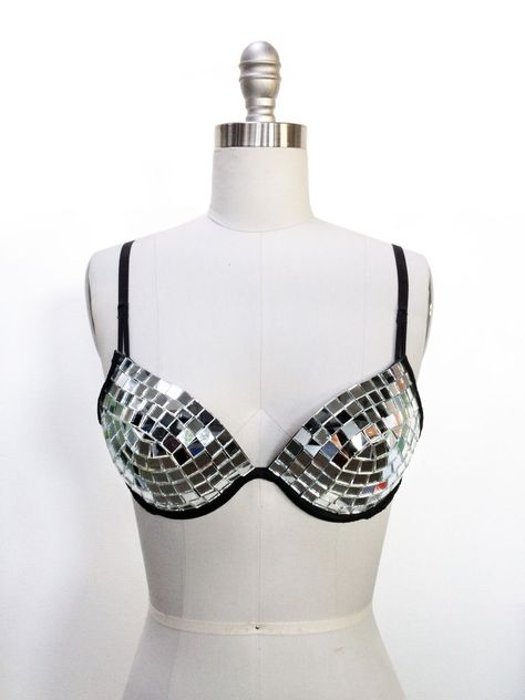 Disco Bra #fashion #underwear #intimates #shiny #reflective #betabrand #upcycled #reuse Disco Ball Helmet, Space Superhero, Party Bra, Decorated Bras, Disco Costume, Old Bras, Disco Style, The Flood, Halloween Costume Contest