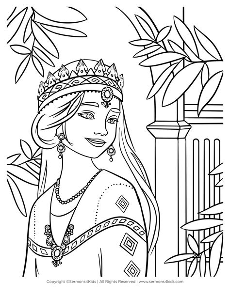 Esther Coloring Page Free Printable, Queen Esther Crafts For Kids, Queen Esther Crafts, Queen Ester, Sermons For Kids, Esther Bible, Youth Bible Study, Bible Crafts Sunday School, Childrens Sermons