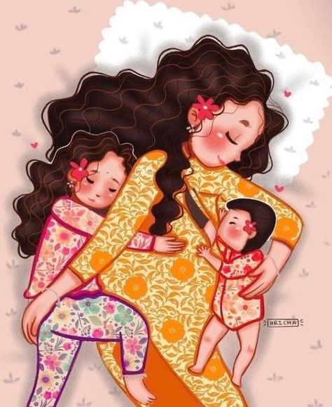 Mom With 2 Daughters Drawing, Mother Daughter Art, Pregnancy Art, Pregnancy Books, Illustration Art Kids, Cute Picture, Mother's Love, Cute Images With Quotes, Baby Drawing