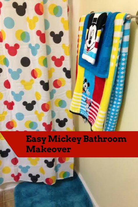 My Disney Mickey Mouse Bathroom Makeover from Kohl's! Disney Shower Curtain, Mickey Bathroom, Mickey Mouse Bathroom, Mickey Mouse Bedroom, Two Shower Curtains, Disney Bathroom, Christmas Bathroom Decor, Yellow Towels, Christmas Bathroom