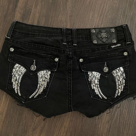 Cute black miss me mini shorts with wings on the... - Depop Black Mini Shorts, Mcbling Fashion, Miss Me Shorts, Shorts Y2k, Y2k Shorts, Cute Preppy Outfits, Mini Shorts, Dream Clothes, Fashion Killa