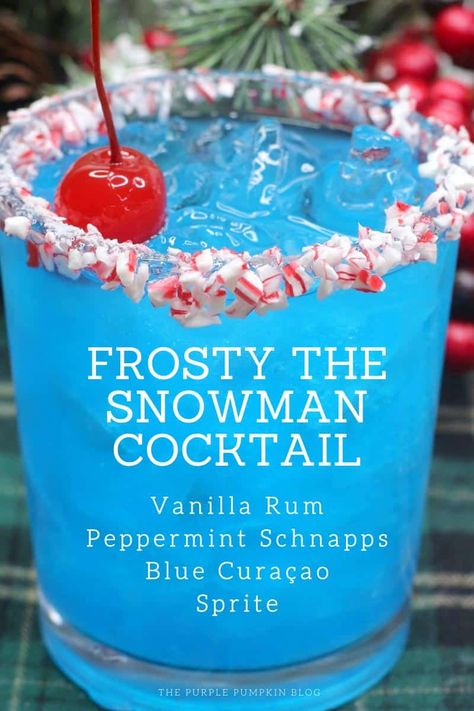 This Peppermint Schnapps Cocktail called Frosty the Snowman is a delicious holiday drink that is sure to delight all who sip it! The combination of vanilla rum, blue curaçao, and peppermint schnapps is a taste sensation and the crushed candy-cane glass rim is a real festive treat! Peppermint Schnapps, Christmas Drinks Alcohol Recipes, Xmas Drinks, Christmas Drinks Recipes, Christmas Drinks Alcohol, Vanilla Rum, Mixed Drinks Alcohol, Brunch Drinks, Yummy Alcoholic Drinks