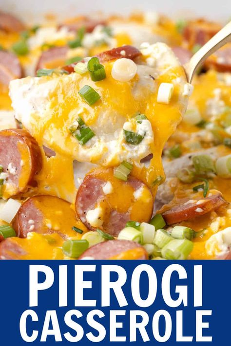 Frozen Pierogies, Pierogi Casserole, Perogies Recipe, Smoked Sausage Recipes, Pierogi Recipe, Comfort Casseroles, Sausage Casserole, Smoked Cooking, Easy Casserole Recipes