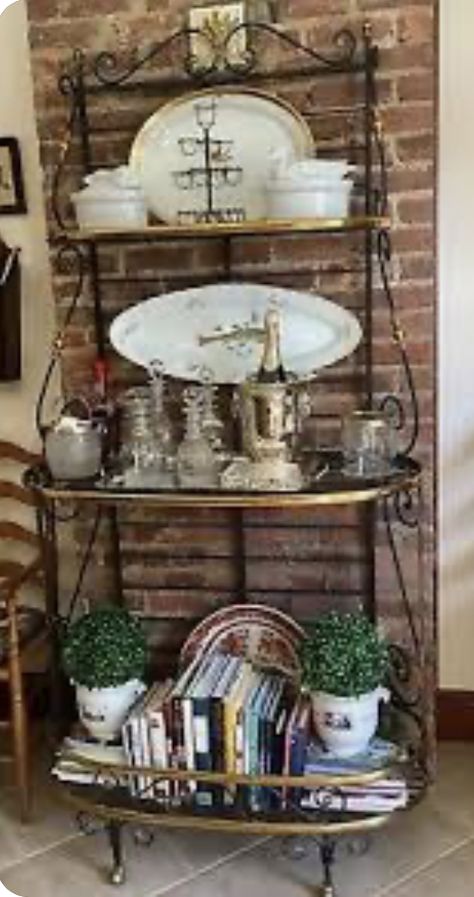 Styling A Bakers Rack, Bakers Rack Ideas Repurposed, Bakers Rack Ideas, French Bakers Rack, Bakers Rack Decorating, Gallery Wall Shelves, Bakers Racks, Baker's Rack, Bakers Rack