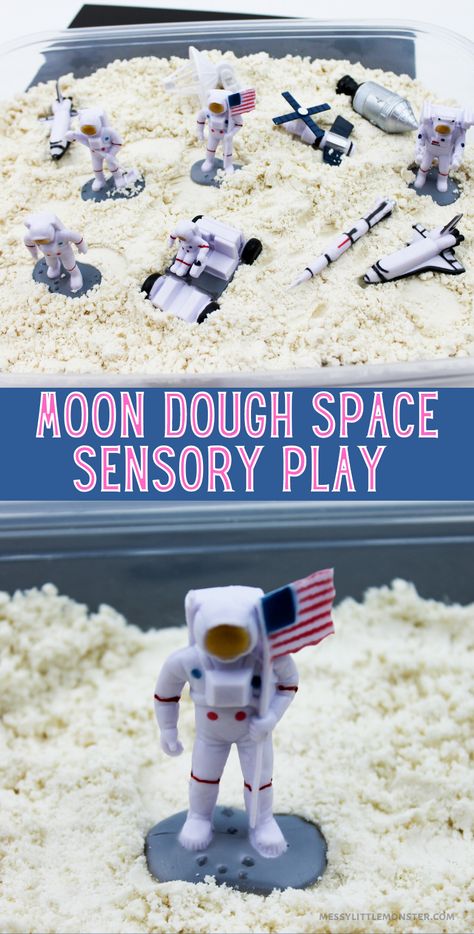 Space Messy Play Ideas, Space Experiments For Kids, Moon Dough Recipe, Babies Activities, Space Sensory, Moon Dough, Homemade Moon Sand, Space Activity, Sensory Play Recipes