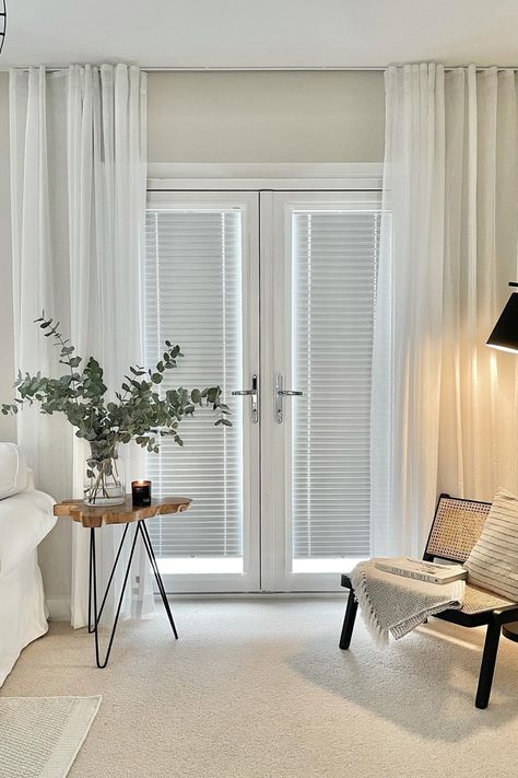 Perfect Fit Blinds Blinds And Curtains Living Room, French Door Coverings, White Curtains Living Room, Blinds For French Doors, Blinds For Windows Living Rooms, Lounge Room Styling, White Blinds, French Door Curtains, Door Coverings