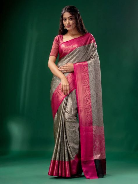 Grey Color Soft Banarasi Silk Saree With Beautiful Rich Pallu - Etsy Saree With Belt, Floral Print Sarees, Saree Floral, Bridesmaid Saree, Silk Saree Kanchipuram, Saree Banarasi, Chanderi Silk Saree, Indian Saree Blouse, Indian Silk Sarees