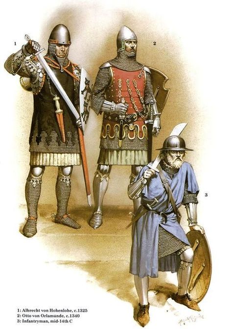 Soldiers of Central Europe, 14th Century Medevil Times, Angus Mcbride, Medieval Artwork, Century Armor, Historical Warriors, Historical Illustration, Medieval Ages, Holy Roman Empire, Historical Armor