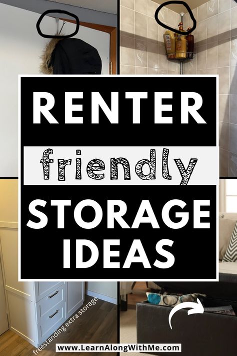 If you're renting your place and need some storage ideas that don't involve heavily modifying your rental space, you'll want to check out these ideas. It's a list of renter friendly storage ideas including ways to store things in under-used, "wasted" spaces. I think you'll find at least something in this list to help you out. Storage Ideas For Small Spaces Rental, Small Rental Storage Ideas, Storage For Apartment Living, Rental Home Organization Ideas, Renter Friendly Dollar Tree, Diy Apartment Storage Ideas, No Storage Solutions Apartment, Small Apt Organization, Small Bathroom Storage Ideas Rental