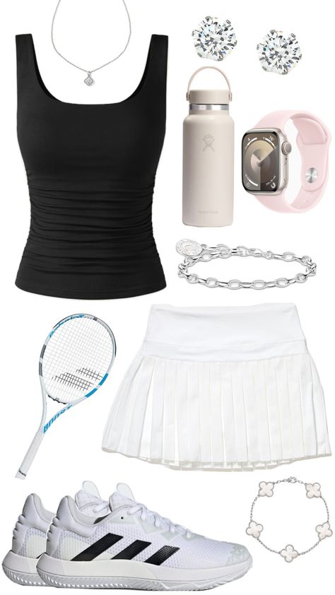 Tennis Girly Outfit Inspo🎾✨️ Tennis Inspired Outfit, Tennis Practice Outfit, Tennis Tournament Outfit, Cute Tennis Outfit, Tennis Outfit Aesthetic, Tennis Outfits, Tennis Skirt Outfit, Girly Outfit, Tennis Outfit