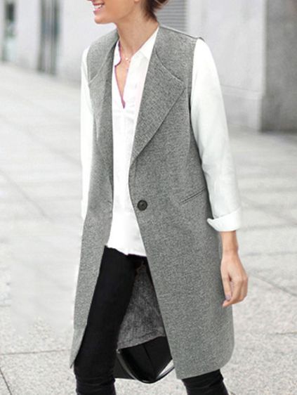 204da255aea2cd4a75ace6018fad6b4ddesc44721790ri Long Vest Outfit, Long Waistcoat, Gray Vest, Sleeveless Blazer, Gilet Long, Grey Vest, Wardrobe Outfits, Long Vests, Latest Street Fashion