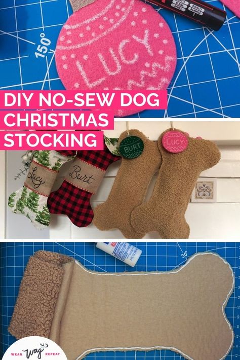 This DIY dog bone Christmas stocking is so easy to make, no sewing needed! It’s a festive project to display in your own home or to make as Christmas gifts for your favorite dog lover friends! Since this stocking is handmade, it can be customized to suit your friend’s Christmas decor and personalized with their pup’s name. The whole project can be completed in an hour, including drying time. Get the dog mom craft tutorial on my blog! Diy Pet Christmas Stocking, Dog Stockings Christmas Stuffers, Diy Christmas Gifts For Dogs, Dog Bone Stocking Pattern Free, Diy Dog Stocking, Dog Stocking Pattern, Dog Stockings Christmas, Christmas Stockings For Dogs, Stockings For Dogs