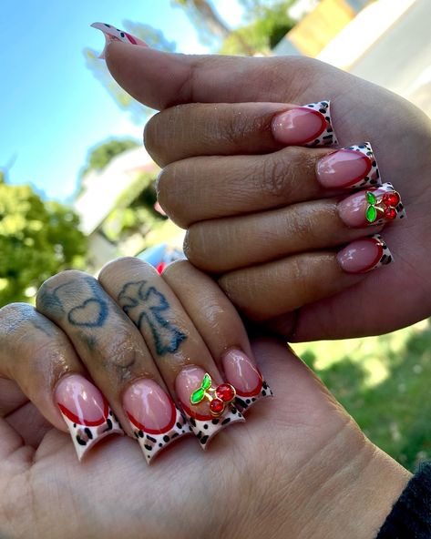 Cheetah print and cherrys😍🍒 . . . Dm to book!💖 @nailed.byjennie #shortnails #ducknails #y2knails #cheetahprintnails #blingnails #frenchnails #nailsnailsnails #nailsofinstagram #fresnonails #fresnonailtech #explorepage Duck Nails 90s, Duck Nails Cheetah Print, Cheetah Short Nails, Cherry And Cheetah Nails, Cheetah Duck Nails, Short Acrylic Nails Duck, Cheetah Print Nails With Cherry, Cheetah Print Duck Nails, Cheetah Tip Nails