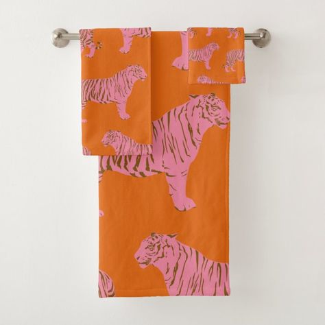 Boho Orange, Design Alphabet, Pink Tiger, Orange Bathrooms, Patterned Bath Towels, Pet Tiger, Custom Towel, Tiger Art, Pink Bathroom