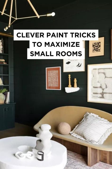 Take a look at these 11 ways color can boost dimensions and style. These paint tricks for small rooms can turn awkward, tiny rooms into the most eye-catching and usable spaces! Small Room Black Wall, Dark Walls Small Living Room, Painting Nook Small Spaces, Dark Colours Small Rooms, Small Rooms Colors Paint, Box Room Paint Ideas, Ceiling Painted Same Color As Walls Small Rooms, Small Room Feature Wall, Small Rooms Painted Dark Colours