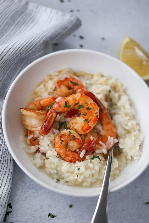 Creamy Shrimp Risotto - Cooked by Julie Rice Shrimp, Shrimp Risotto, Creamy Shrimp, Shrimp And Rice, Potato Rice, Arborio Rice, Jumbo Shrimp, Garlic Parmesan, How To Cook Shrimp