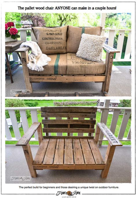 Pallet Furniture Cushions, Pallet Patio Furniture Diy, Pallet Furniture Plans, Diy Outdoor Seating, Pallet Chair, Pallet Garden Furniture, Pallet Patio Furniture, Pallet Patio, Funky Junk Interiors