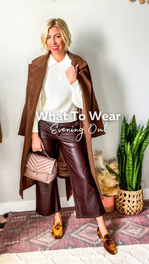 Brown Leather Trousers Outfits, Outfits Going Out Night, Brown Leather Trousers, Leather Trousers Outfit, Brown Leather Pants, Trouser Outfit, Chocolate Brown Color, Chocolate Brown Colour, Brown Outfit