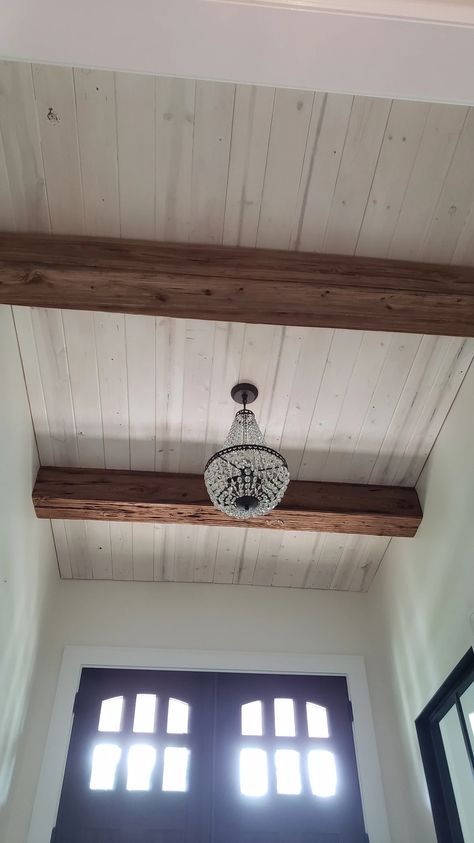 Mushroom Wood Box Beams on White Washed Wood Ceiling | CEILINGS White Wash Ceiling, Shiplap Room, Exposed Wood Ceilings, Beams Living Room, White Wash Walls, Oak Beams, Vaulted Ceiling Living Room, Shiplap Ceiling, Porch Ceiling