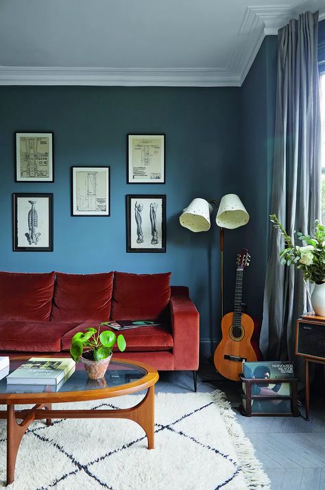 Hague Blue living rooms - 9 expert uses for this color | Livingetc Kitchen Open Plan, Scandinavian Style Home, Kitchen Open, Living Room Color Schemes, Red Sofa, Room Color Schemes, Blue Living Room, Cozy Room, Blue Walls