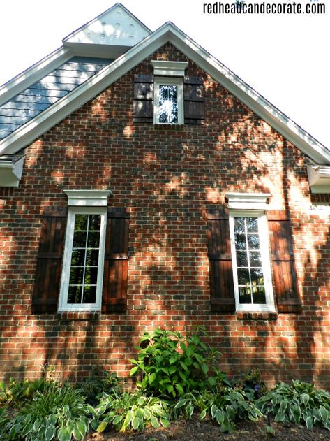 Cedar Accents On Red Brick House Exterior, Red Brick House With Cedar Shutters, Brick House With Wood Shutters, Cedar Shutters On Red Brick, Brick House Cedar Shutters, Wooden Shutters On Brick House, Cedar Shutters On Brick, Wood Shutters On Brick House, Wood Shutters Brick House