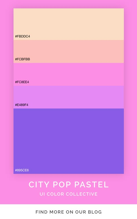 pastel color palette inspired by soft pastel city pop artworks and designs. find more color palettes like this on the UI Color Collective blog. Lo Fi Color Palette, Pop Up Color Palette, Hyper Pop Color Palette, Cool Pastel Color Palette, City Pop Color Palette, Synthwave Color Palette, Lofi Color Palette, City Pop Poster, Vaporwave Color Palette