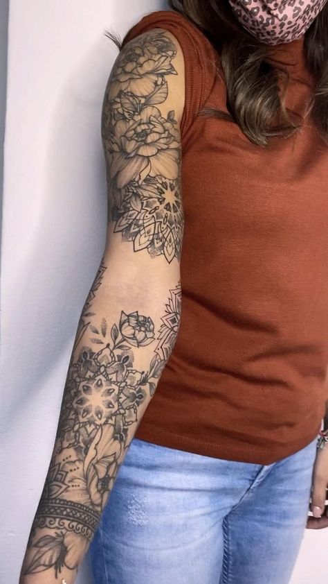 Full Sleeve Mandala Tattoos Women, Peonies And Mandala Tattoo, Floral And Mandala Tattoo Sleeve, Mandala Flower Tattoos Forearm, Mandala Elbow Tattoo Women, Flowers And Mandala Tattoo, Mandala Arm Sleeve, Peony Tattoo Arm, Mandala And Flower Tattoo