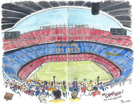 Camp Nou, Barcelona | Flickr - Photo Sharing! Soccer Watercolor, Barcelona Painting, Soccer Illustration, Urban Illustration, Soccer Drawing, Sports Illustration, Football Drawing, Watercolour Ideas, Sketch Note