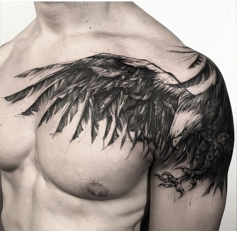 Cool Shoulder Tattoos, Tattoo Placements, Mens Shoulder Tattoo, Wild Tattoo, Cool Chest Tattoos, Cat Tattoos, Raven Tattoo, Eagle Tattoos, Neck Tattoos