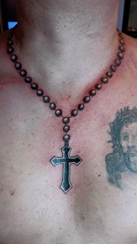 Rosary Tattoo For Men Chest, Necklace Tattoo For Men, Cross Necklace Tattoo, Roseary Tattoo, Cross Tattoo Neck, Indian Skull Tattoos, Tattoo Necklace, Jesus Cross Necklace, Bull Skull Tattoos