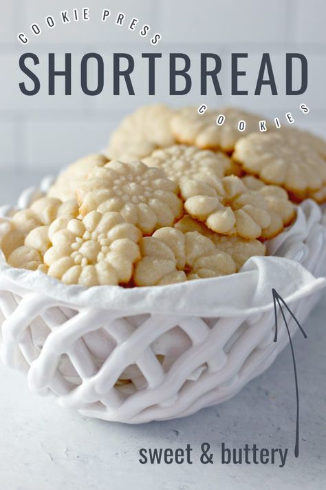 Shortbread Cookie Recipe For Cookie Press, Cookie Press Cookies Recipe, Cookie Press Cookies, Press Cookies, Cookie Press Recipes, Spritz Cookie Recipe, Banana Chocolate Chip Cookies, Almond Joy Cookies, Classic Cookies Recipes