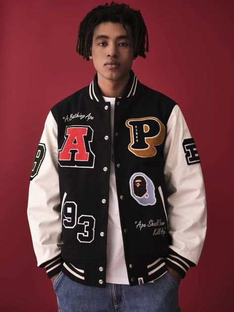 collage varsity style Off White Varsity Jacket, Christmas Jacket, Men Winter Jacket, Cowboy Jacket, Ape Bape, Mens Fur, Varsity Style, Mens Casual Dress Outfits, Bathing Ape