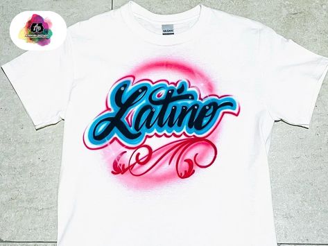 custom airbrush name design Quince Shirts, Airbrush Tee, Heart Shirt Design, Paint Splatter Shirt, Baby Shirt Design, Selena Shirt, Airbrush Shirts, Designs For Shirts, Airbrush T Shirts