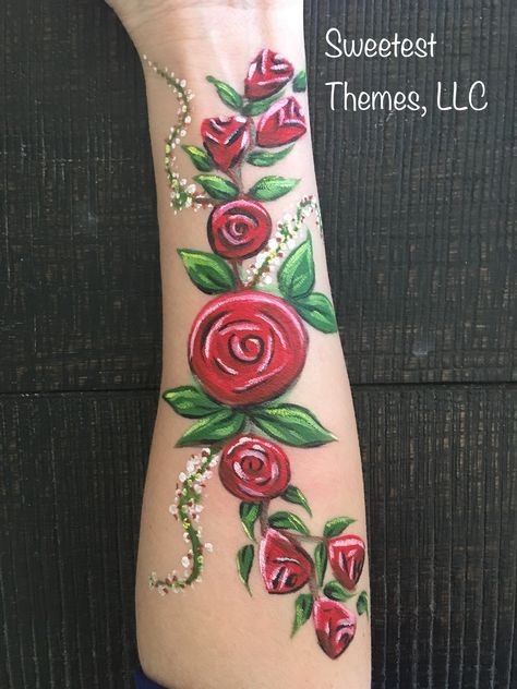 Rose arm body face painting Arm Paint Ideas Body Art, Face Paint Rose, Arm Paint Ideas, Rose Face Painting, Rose Face Paint, Face Paint Party, Easy Face Painting Designs, Face Painting Flowers, Face Painting Tips