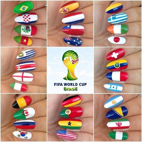 World Cup nail designs! #worldcup #nails #naildesign by banicured_ on Instagram!! World Cup Nail Art, World Cup Nails, Country Nail Art, Soccer Nails, Flag Nails, 2014 World Cup, Country Nails, Crazy Nails, Nails Only