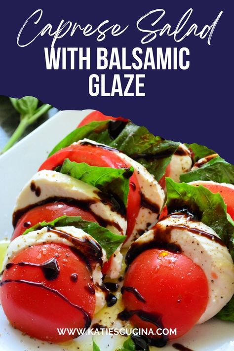 Close up Caprese Salad with Balsamic Glaze with Pinterest text. Balsamic Reduction Sauce, Lasagna Bolognese, Caprese Recipes, Specialty Food Store, Italian Dinner Recipes, Balsamic Reduction, Veggie Delight, Italian Dinner, Lunch Meal Prep