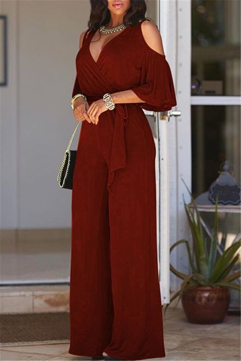 6ae07dcb33ec3b7c814df797cbda0f87desc50154479ri Color Knitting, Cold Shoulder Jumpsuit, Burgundy Jumpsuit, Burgundy Fashion, Red Jumpsuit, Long Jumpsuits, Jumpsuit Fashion, Wide Leg Jumpsuit, Fashion Colours